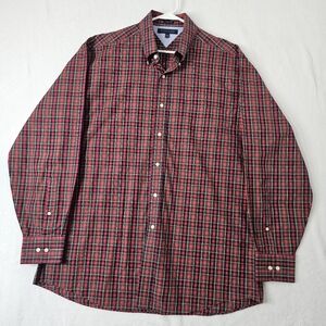 Tommy Hilfiger Button Shirt Men Size Large 16 1/2 34-35 Red Green Plaid